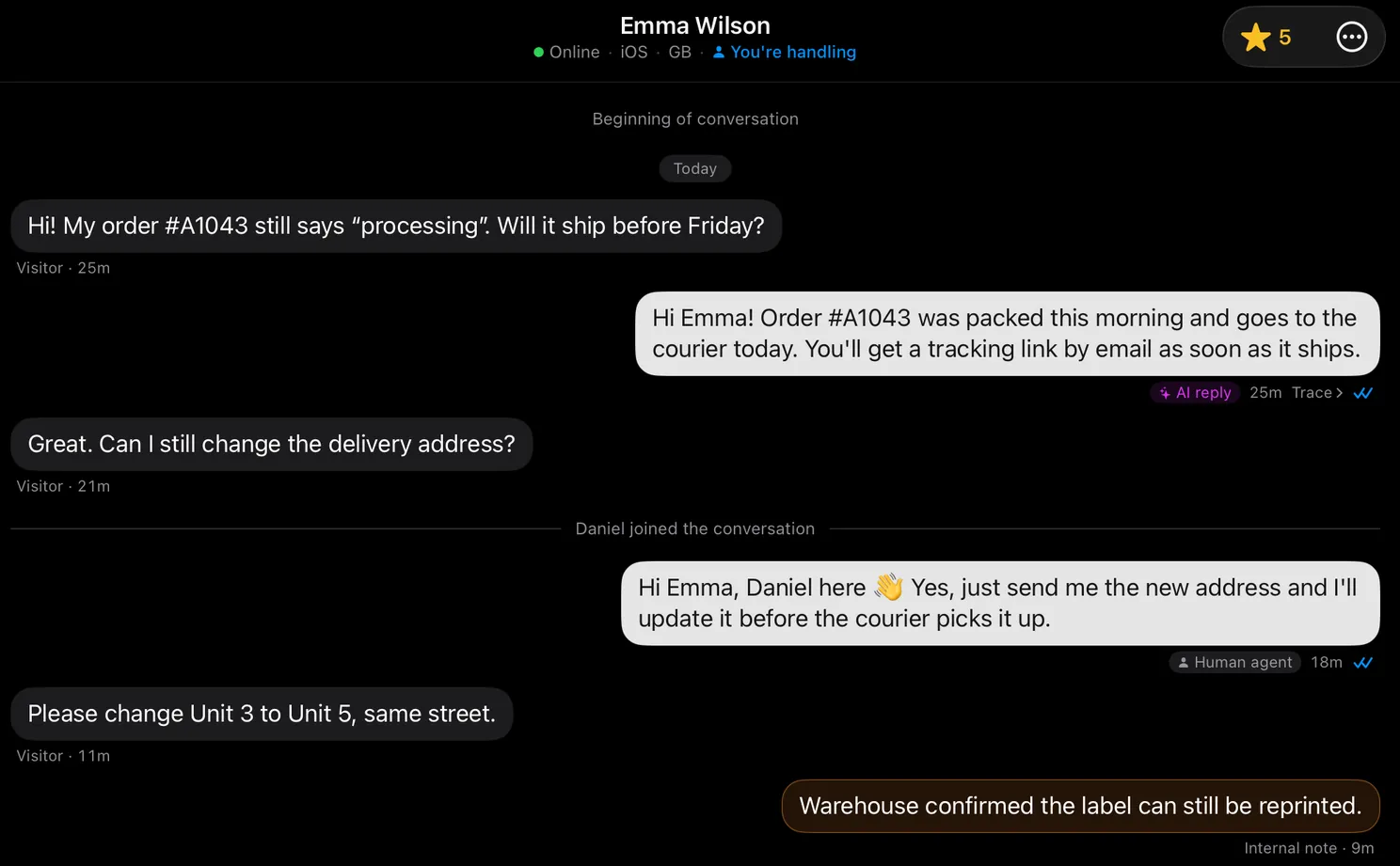 AskAIs app screenshot: a customer conversation with an AI reply