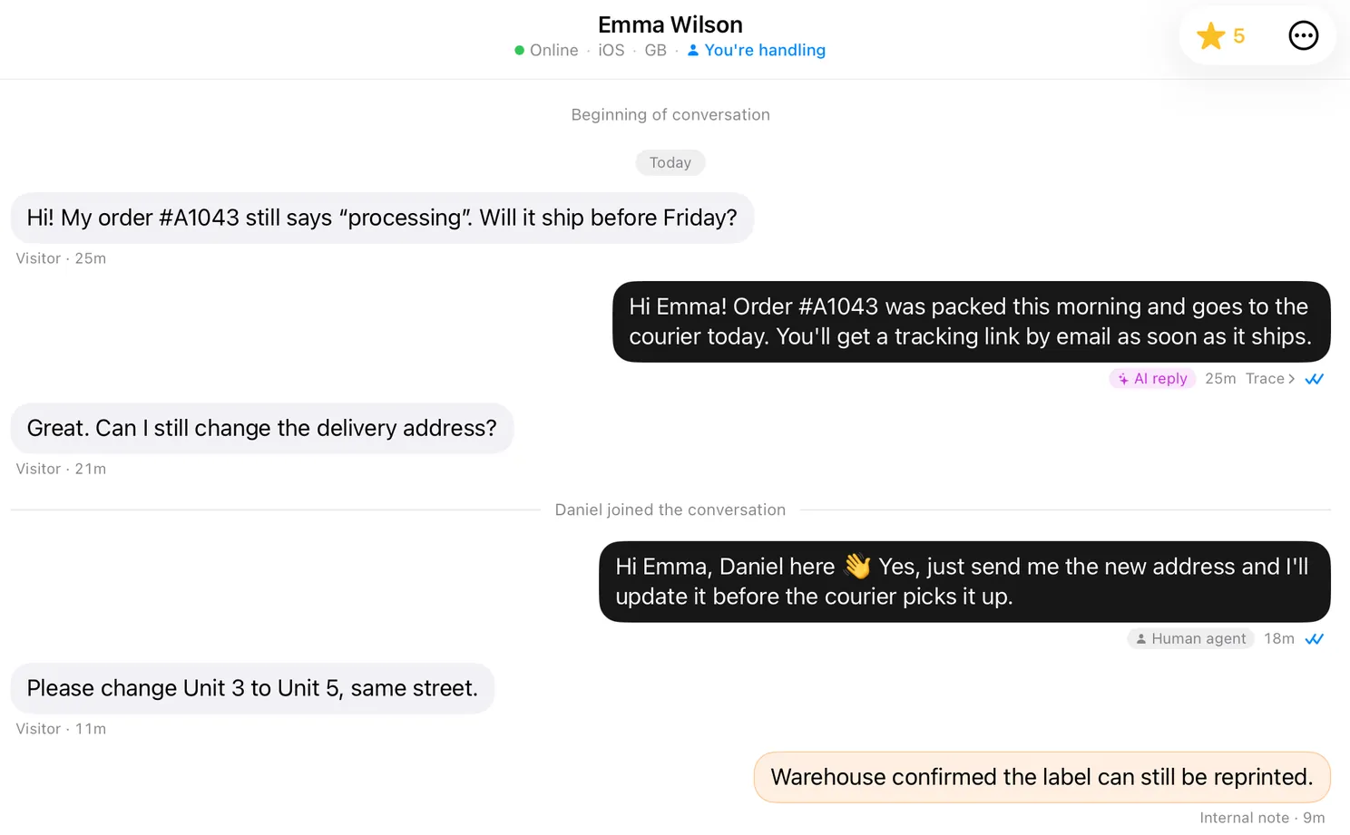 AskAIs app screenshot: a customer conversation with an AI reply