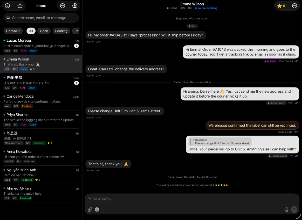 AskAIs on iPad: the shared inbox next to a conversation where the AI answered first and a teammate took over